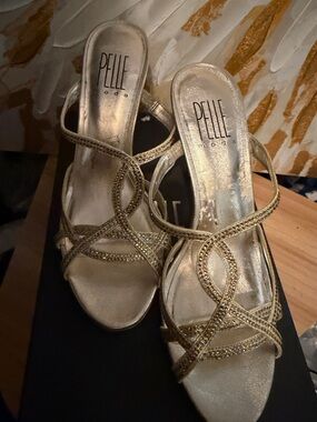 Pelle Moda Women's Gold Strappy Rhinestone Heeled Sandals